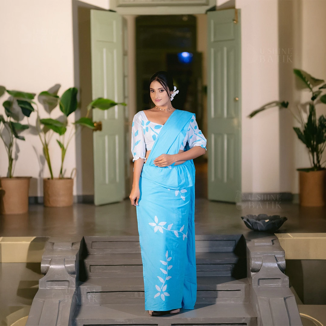 white with Sky blue Leaves Batik Saree | 202691