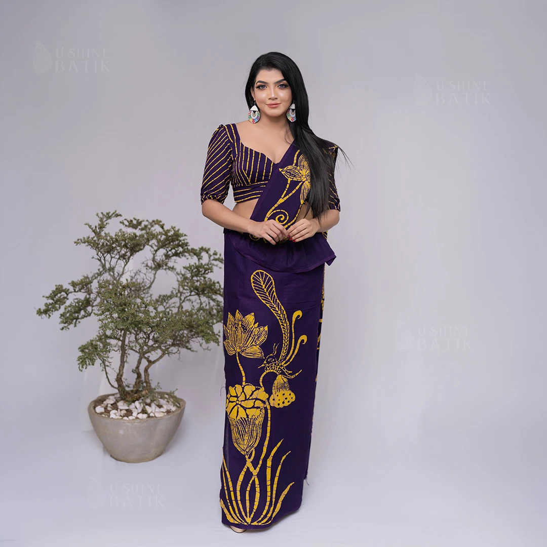 202562 - Handcrafted Batik Saree - Yellow Lines