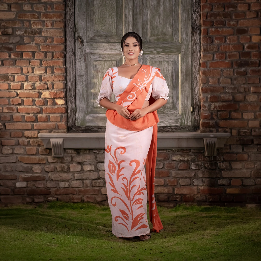 202688 - Handcrafted Batik Saree - White with Orange Leaves