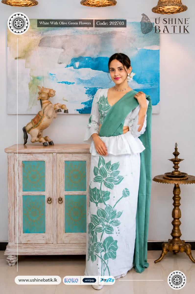 202703 - Handcrafted Batik Saree - White With Olive Green Flowers
