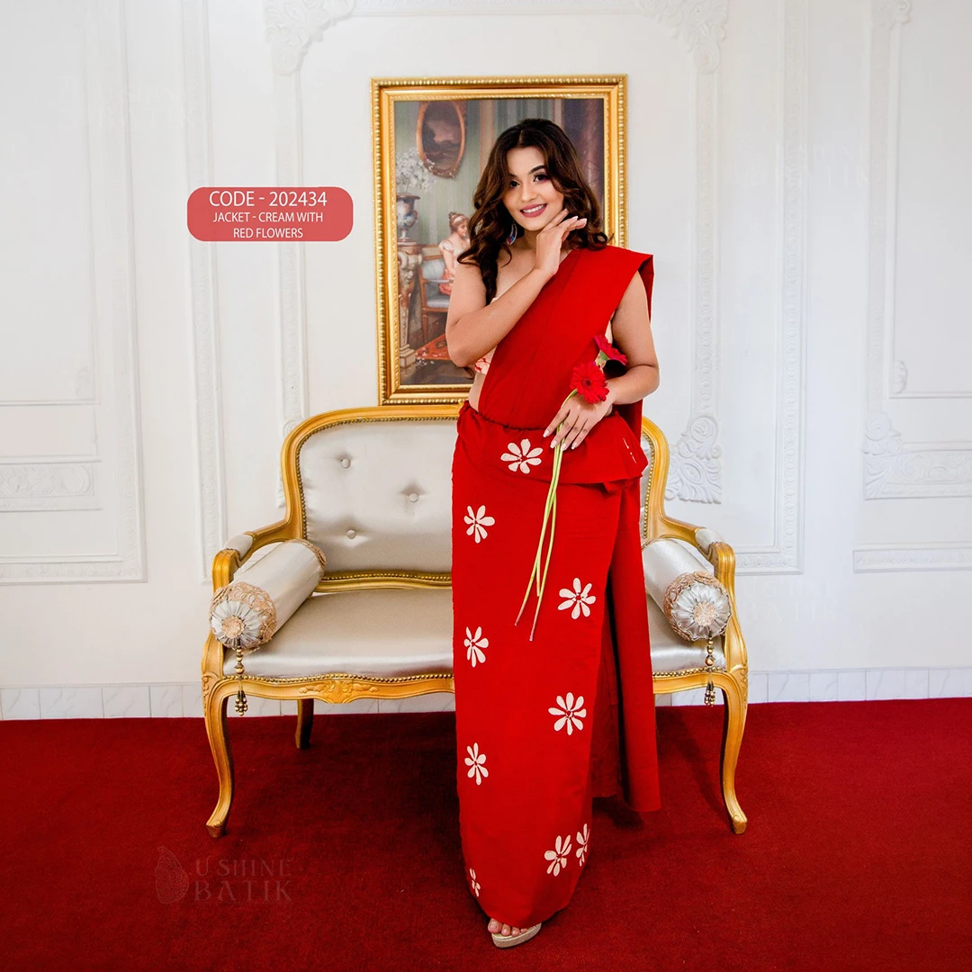 202434 - Handcrafted Batik Saree - Cream with Red Flowers