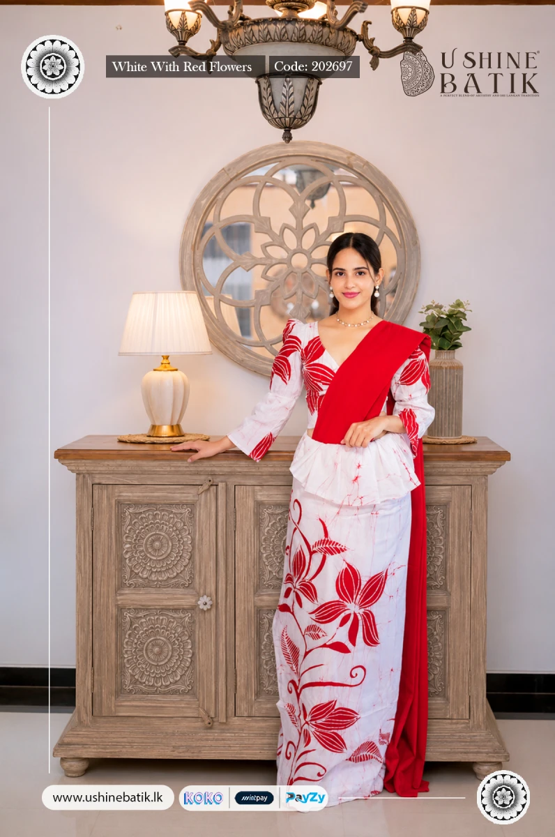 202697 - Handcrafted Batik Saree - White With Red Flowers