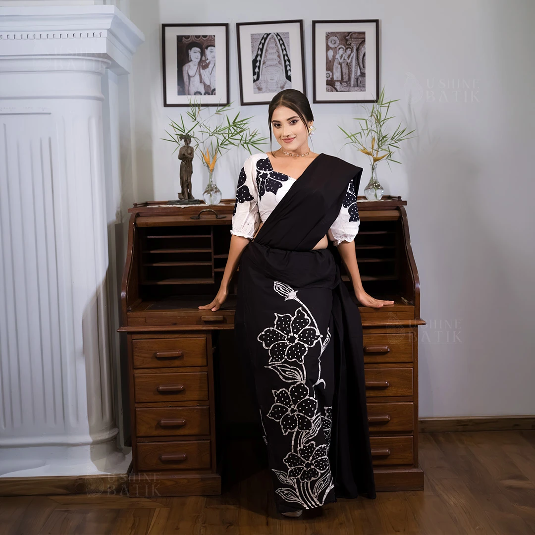 White With Black Flowers Batik Saree | 202693