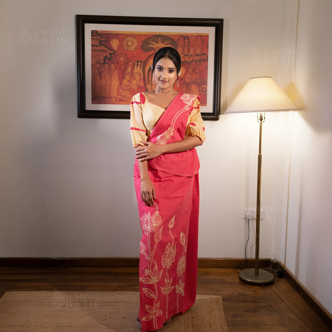 202690 - Handcrafted Batik Saree - Cream with Pink Leaves