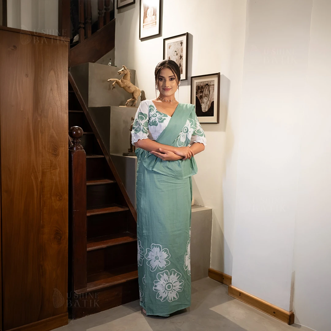 White with Olive Green Flowers Batik Saree | 202687